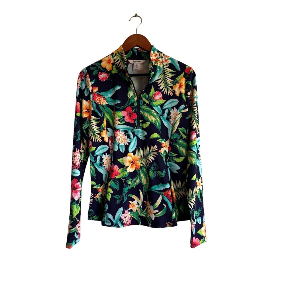 Tommy Bahama Racquet & Paddle Womens Large Navy Tropical Floral Quarter Zip Top